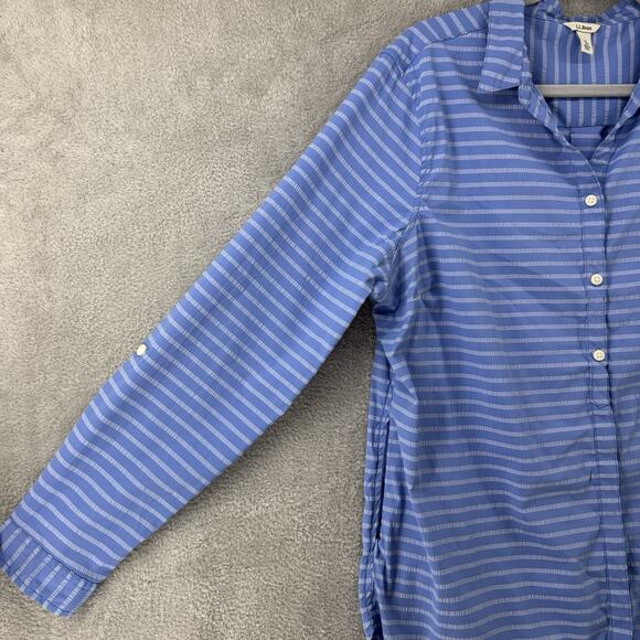 LL Bean Top Womens XL Blue Striped Button Up Notch Neck Roll Tab Sleeves Tunic - Picture 3 of 16